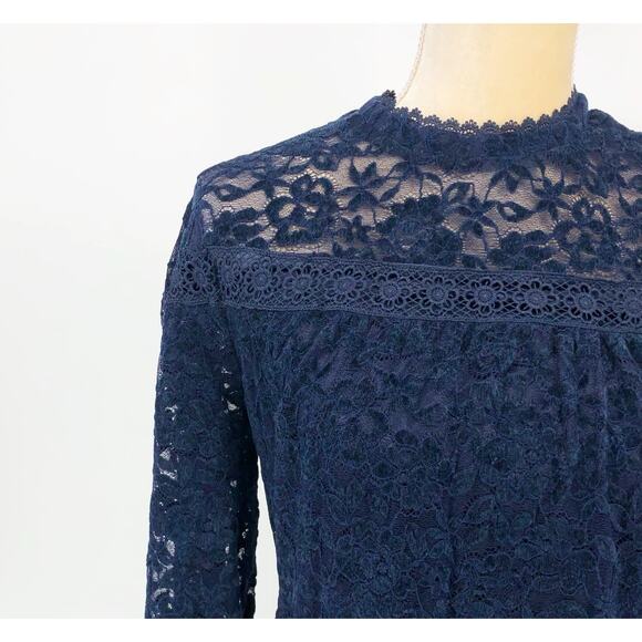 Tahari ASL Womens Lace Mini Dress 4 Blue Long Sleeve Mock Neck Babydoll NWT - Picture 6 of 13